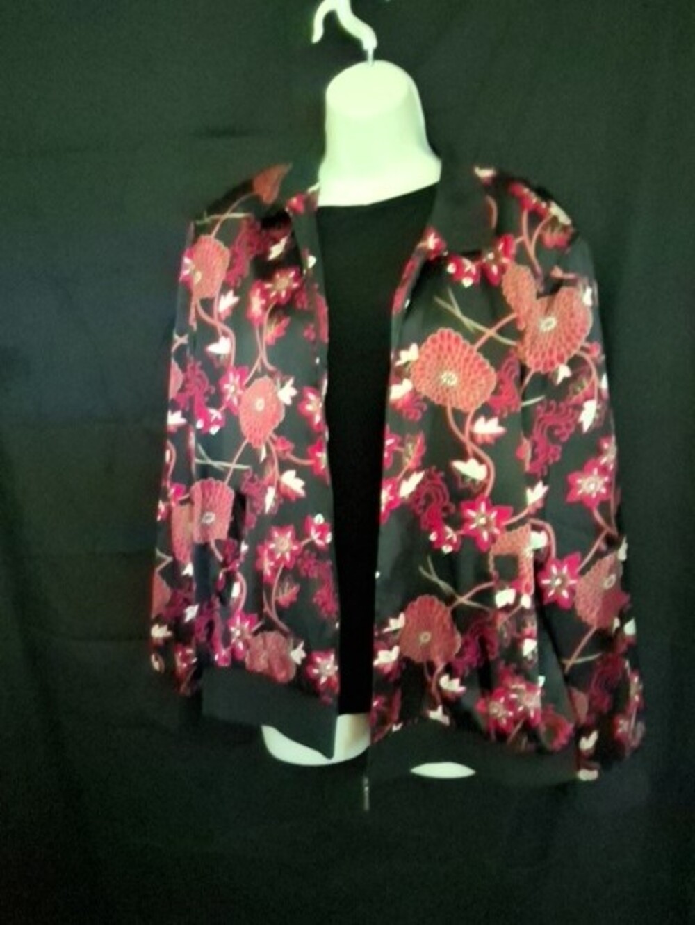 Notations Black 100% Silk Bomber Jacket with Red Floral Print XL